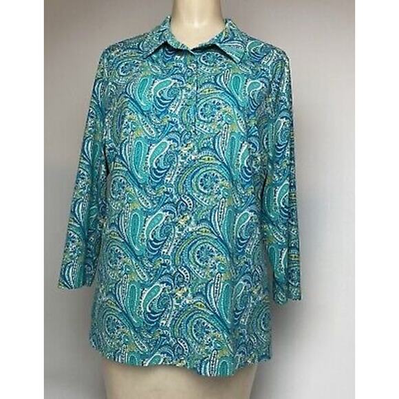 Talbots Womens top Turquoise Blue Paisley Blouse 3/4 slv collared half button 2x - Picture 1 of 9